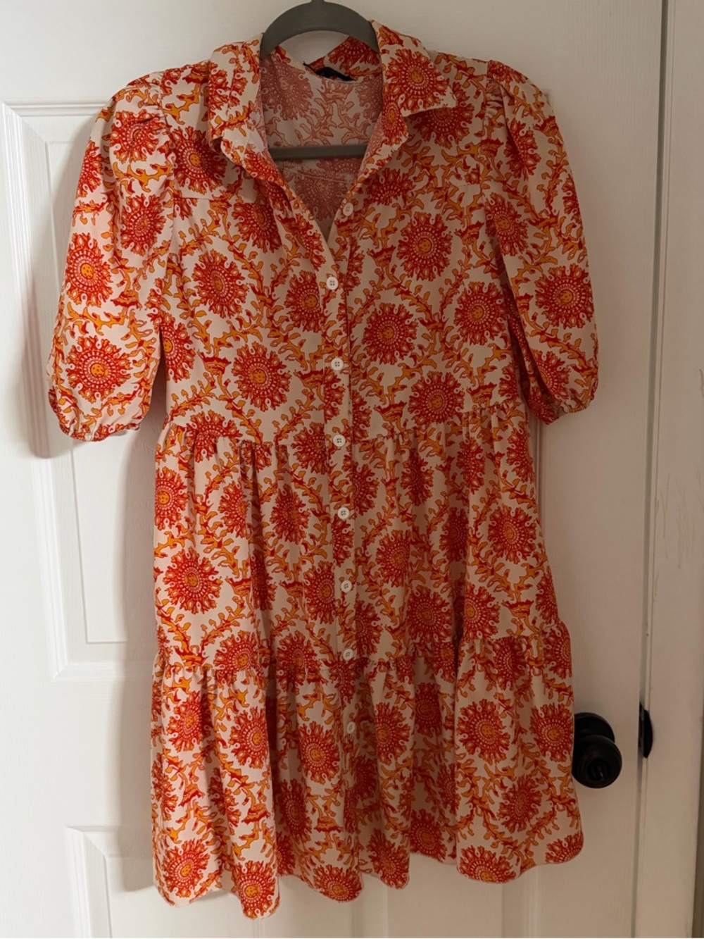 Women's Orange Floral Button Tiered Dress
